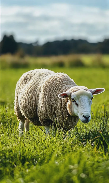 Calm sheep peacefully grazing and moving across lush green pasture