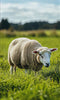 Calm sheep peacefully grazing and moving across lush green pasture