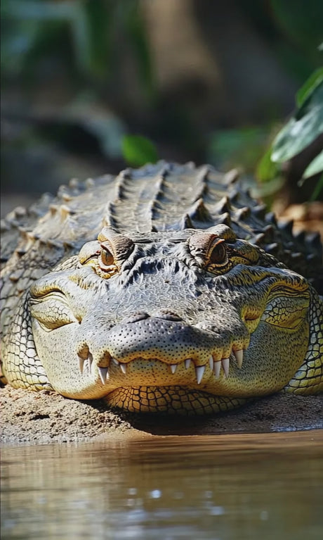 Crocodile slowly moving and resting along natural riverbank habitat