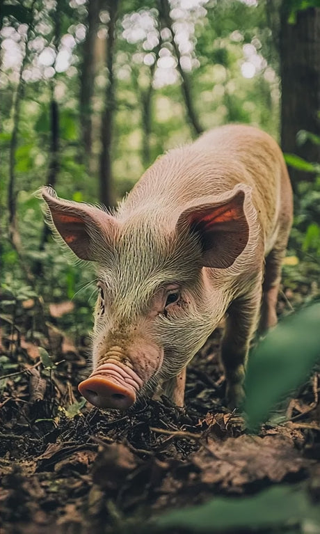 Free-range pig actively foraging and snuffling for food in natural forest environment